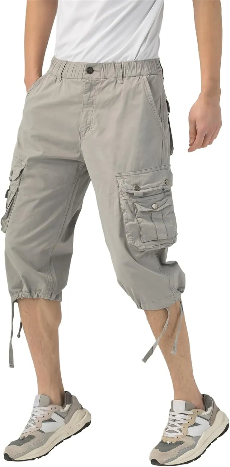 Mens Long Cargo Shorts Elastic Waist Stretch Twill Cotton 3/4 Multi Pockets Below Knee Cargo Shorts for Men