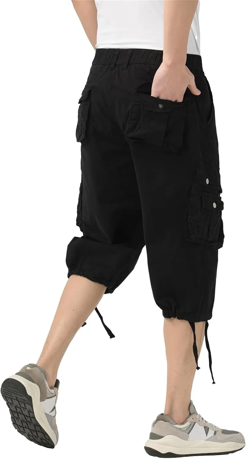 Mens Long Cargo Shorts Elastic Waist Stretch Twill Cotton 3/4 Multi Pockets Below Knee Cargo Shorts for Men