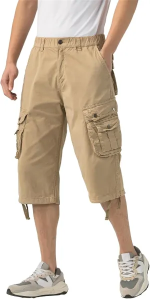 Mens Long Cargo Shorts Elastic Waist Stretch Twill Cotton 3/4 Multi Pockets Below Knee Cargo Shorts for Men