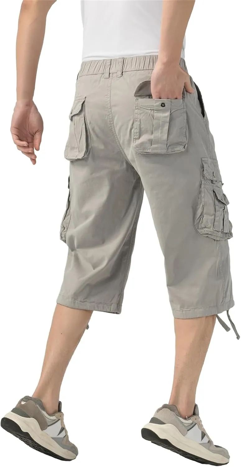 Mens Long Cargo Shorts Elastic Waist Stretch Twill Cotton 3/4 Multi Pockets Below Knee Cargo Shorts for Men