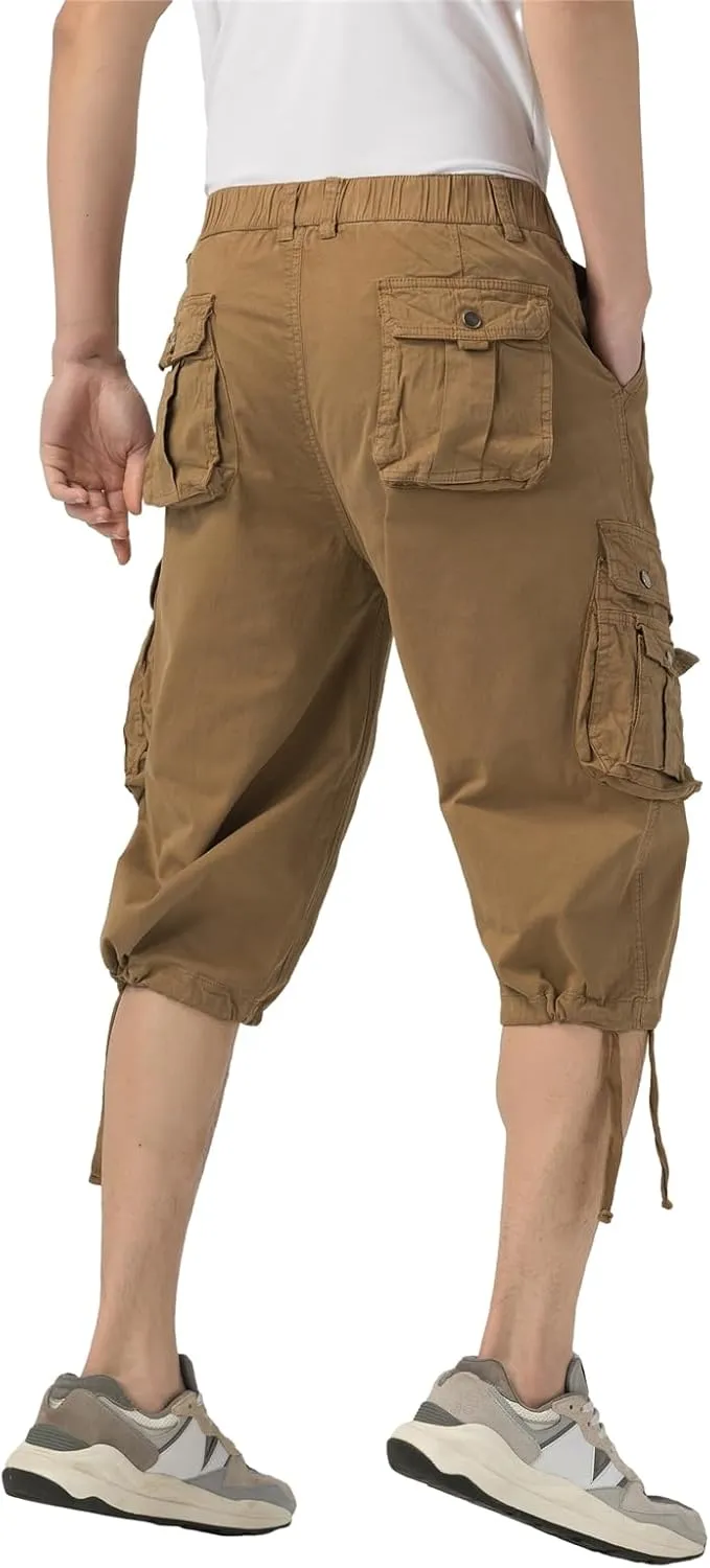 Mens Long Cargo Shorts Elastic Waist Stretch Twill Cotton 3/4 Multi Pockets Below Knee Cargo Shorts for Men