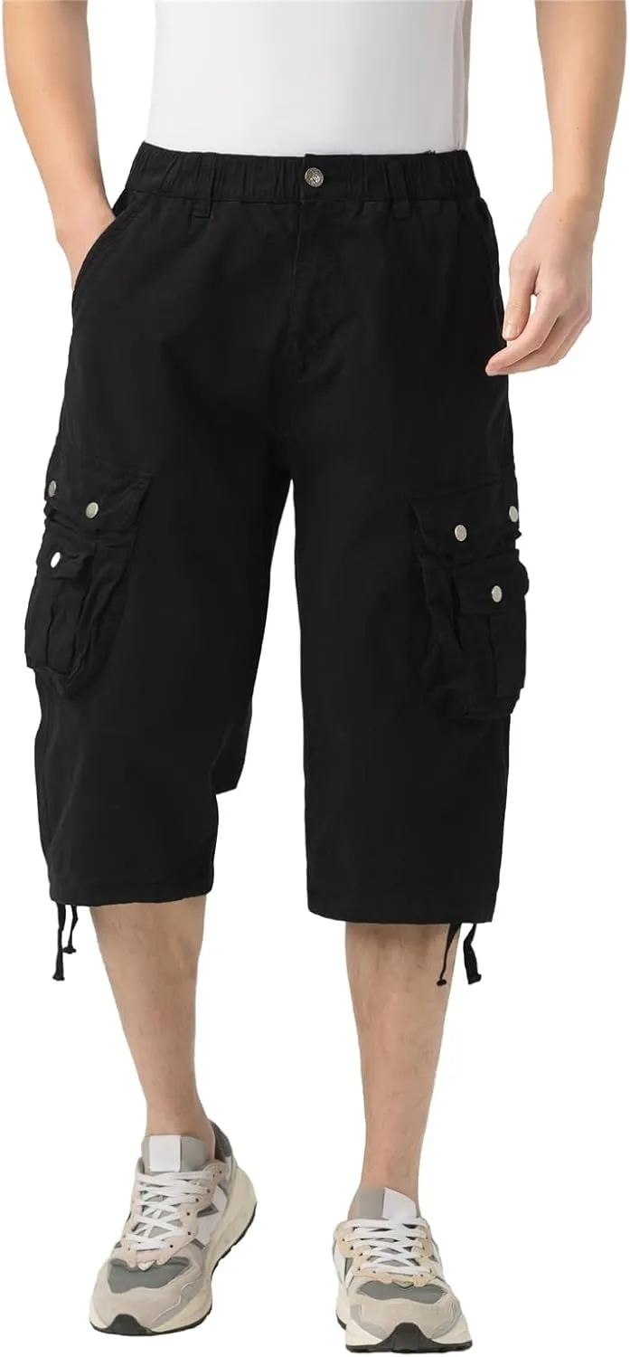 Mens Long Cargo Shorts Elastic Waist Stretch Twill Cotton 3/4 Multi Pockets Below Knee Cargo Shorts for Men