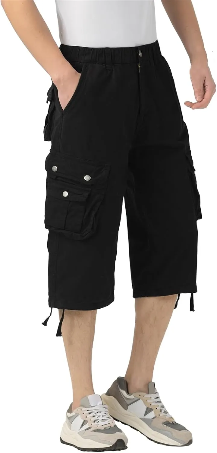 Mens Long Cargo Shorts Elastic Waist Stretch Twill Cotton 3/4 Multi Pockets Below Knee Cargo Shorts for Men