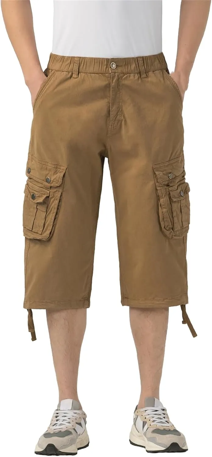Mens Long Cargo Shorts Elastic Waist Stretch Twill Cotton 3/4 Multi Pockets Below Knee Cargo Shorts for Men