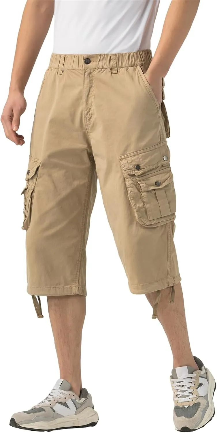 Mens Long Cargo Shorts Elastic Waist Stretch Twill Cotton 3/4 Multi Pockets Below Knee Cargo Shorts for Men