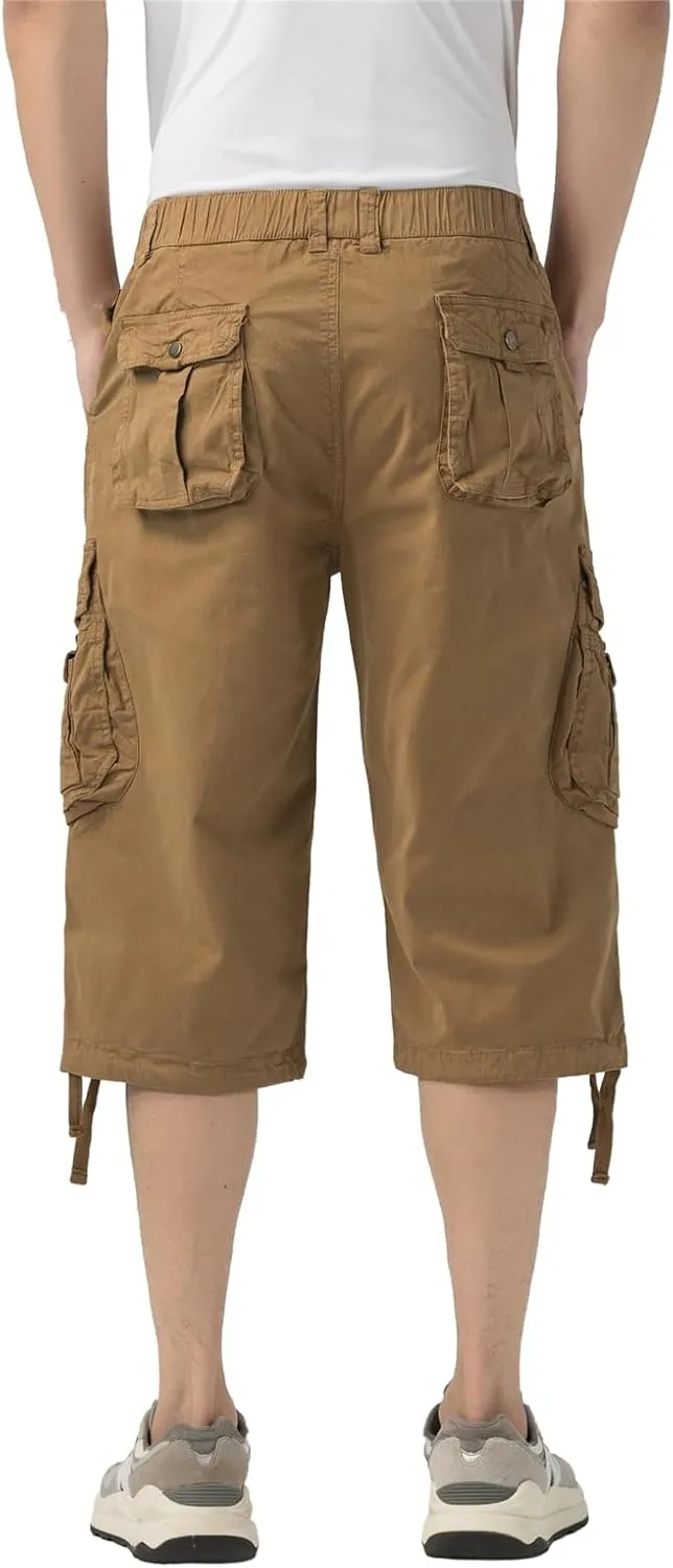 Mens Long Cargo Shorts Elastic Waist Stretch Twill Cotton 3/4 Multi Pockets Below Knee Cargo Shorts for Men