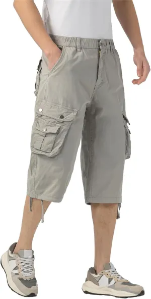 Mens Long Cargo Shorts Elastic Waist Stretch Twill Cotton 3/4 Multi Pockets Below Knee Cargo Shorts for Men