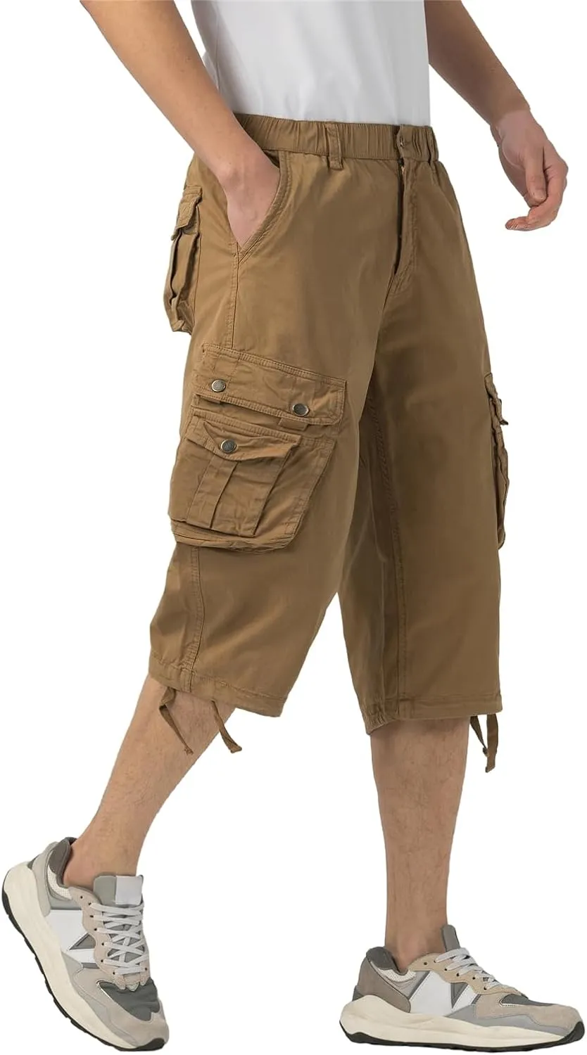 Mens Long Cargo Shorts Elastic Waist Stretch Twill Cotton 3/4 Multi Pockets Below Knee Cargo Shorts for Men