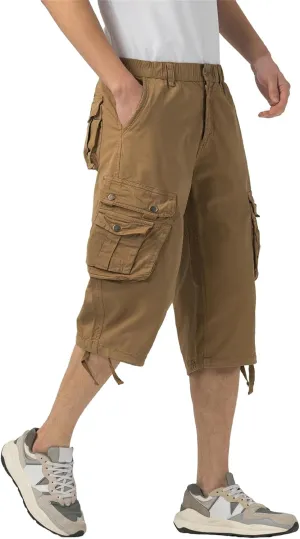 Mens Long Cargo Shorts Elastic Waist Stretch Twill Cotton 3/4 Multi Pockets Below Knee Cargo Shorts for Men