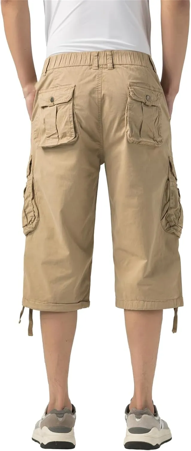 Mens Long Cargo Shorts Elastic Waist Stretch Twill Cotton 3/4 Multi Pockets Below Knee Cargo Shorts for Men