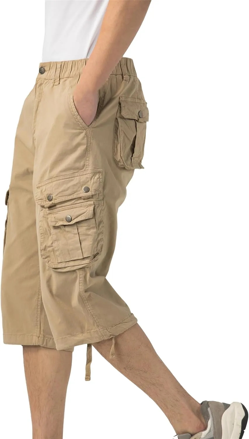 Mens Long Cargo Shorts Elastic Waist Stretch Twill Cotton 3/4 Multi Pockets Below Knee Cargo Shorts for Men