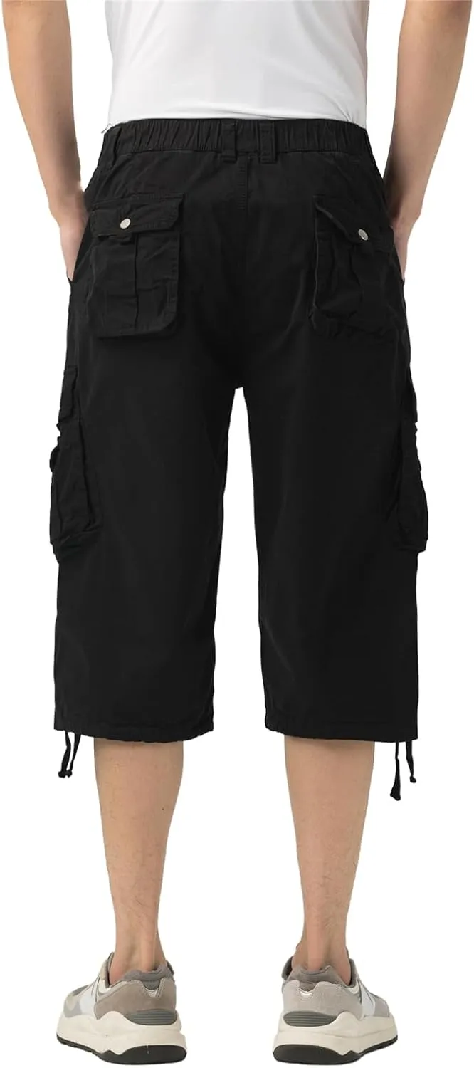 Mens Long Cargo Shorts Elastic Waist Stretch Twill Cotton 3/4 Multi Pockets Below Knee Cargo Shorts for Men
