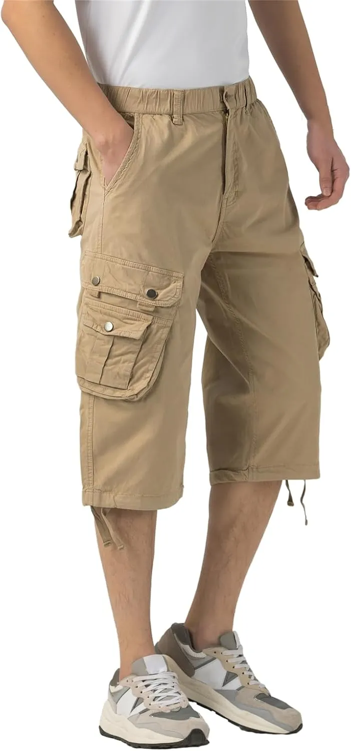 Mens Long Cargo Shorts Elastic Waist Stretch Twill Cotton 3/4 Multi Pockets Below Knee Cargo Shorts for Men