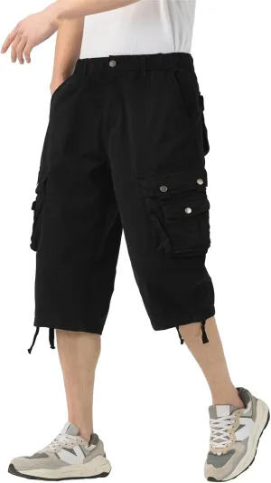 Mens Long Cargo Shorts Elastic Waist Stretch Twill Cotton 3/4 Multi Pockets Below Knee Cargo Shorts for Men