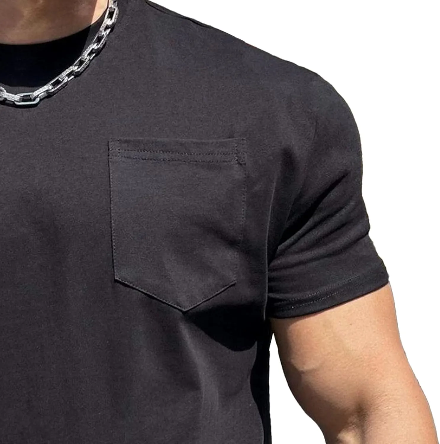 Men's Loose Fit Stretch Solid Outdoor T-Shirts Pocket Muscle Athletic Tee Cerw Neck Casual Workout Tee Shirts