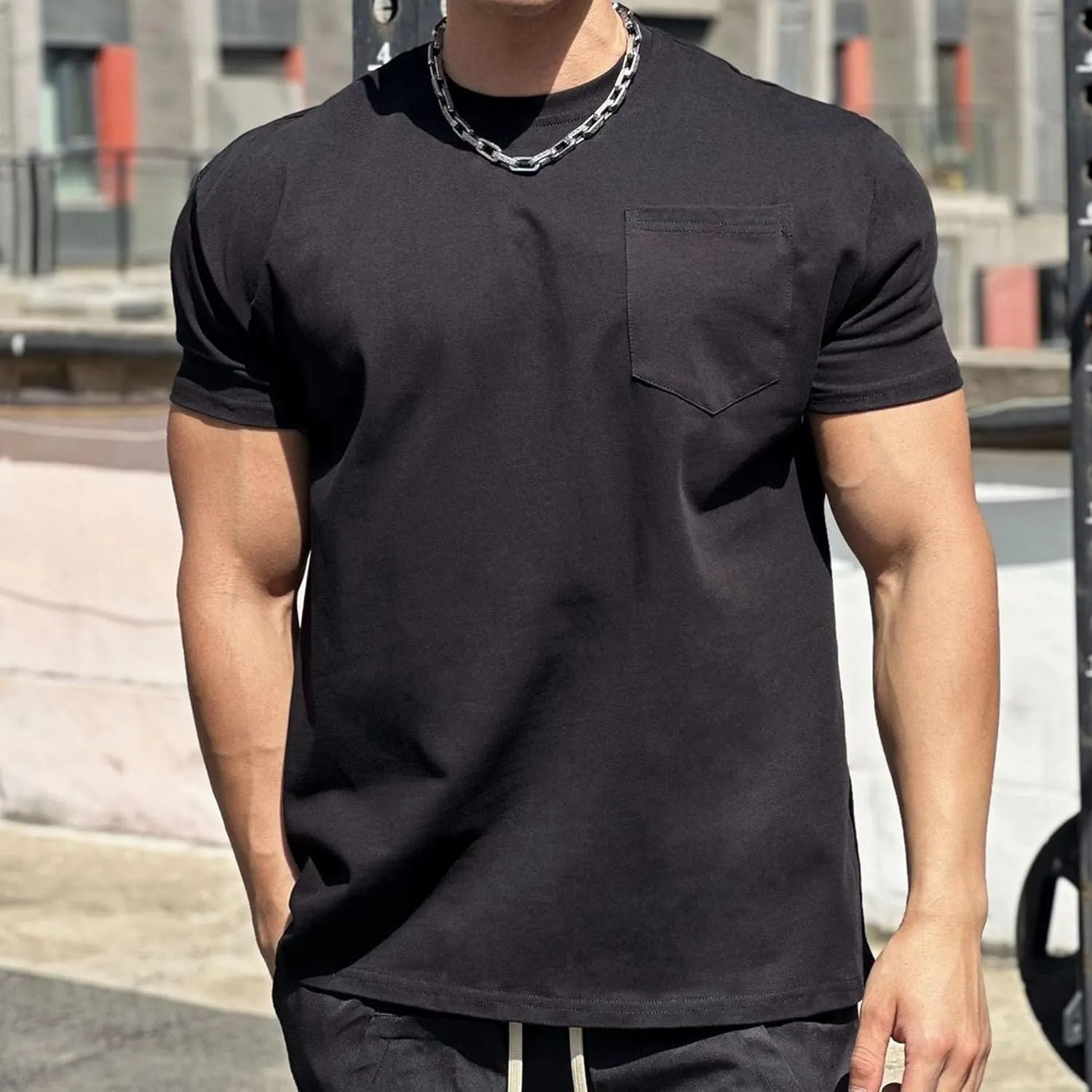 Men's Loose Fit Stretch Solid Outdoor T-Shirts Pocket Muscle Athletic Tee Cerw Neck Casual Workout Tee Shirts