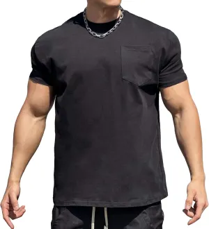 Men's Loose Fit Stretch Solid Outdoor T-Shirts Pocket Muscle Athletic Tee Cerw Neck Casual Workout Tee Shirts