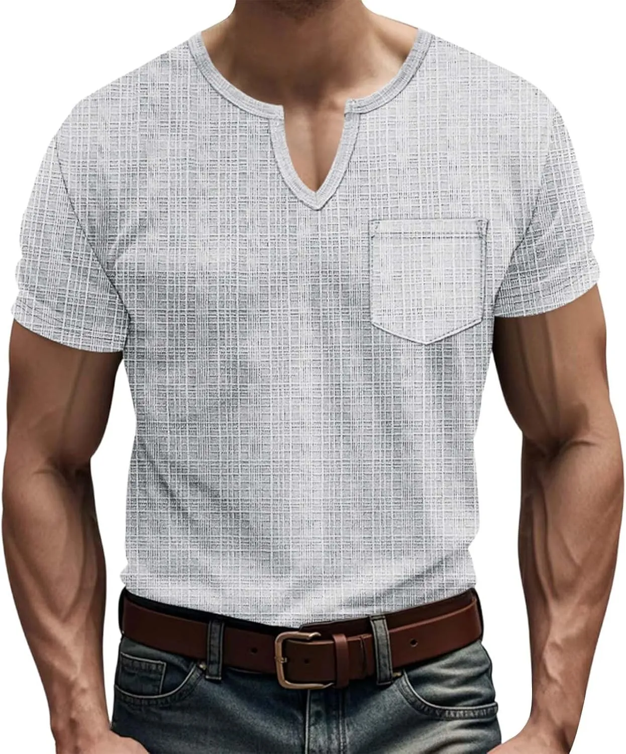 Mens Muscle Slim T Shirt V-Neck Longline Henley Shirt Gym Workout Athletic Tee Shirts Lightweight Stretchy Loose Tops