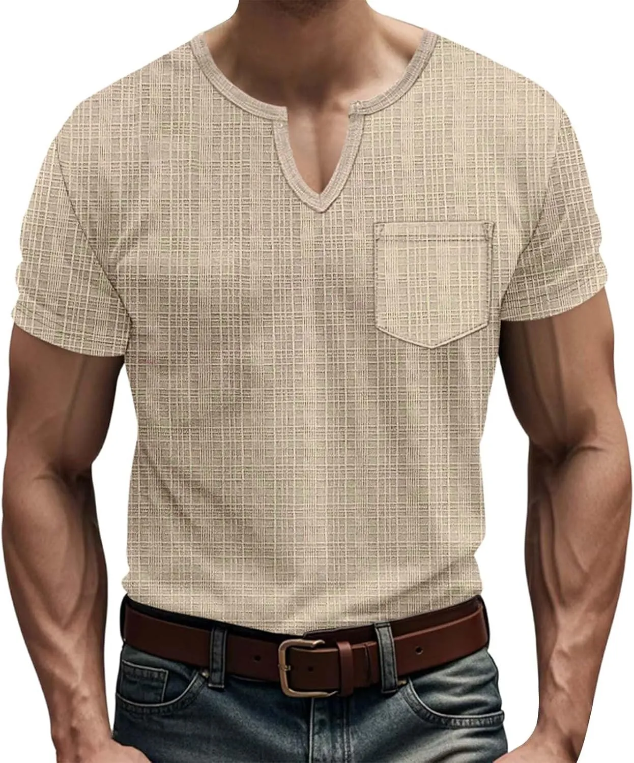 Mens Muscle Slim T Shirt V-Neck Longline Henley Shirt Gym Workout Athletic Tee Shirts Lightweight Stretchy Loose Tops