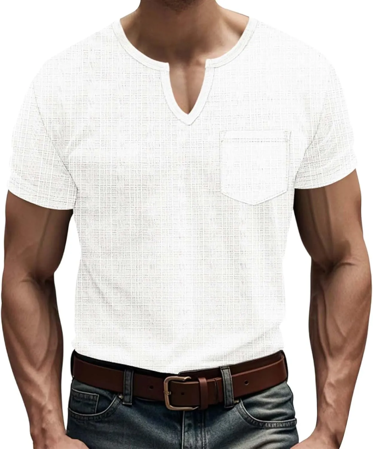 Mens Muscle Slim T Shirt V-Neck Longline Henley Shirt Gym Workout Athletic Tee Shirts Lightweight Stretchy Loose Tops
