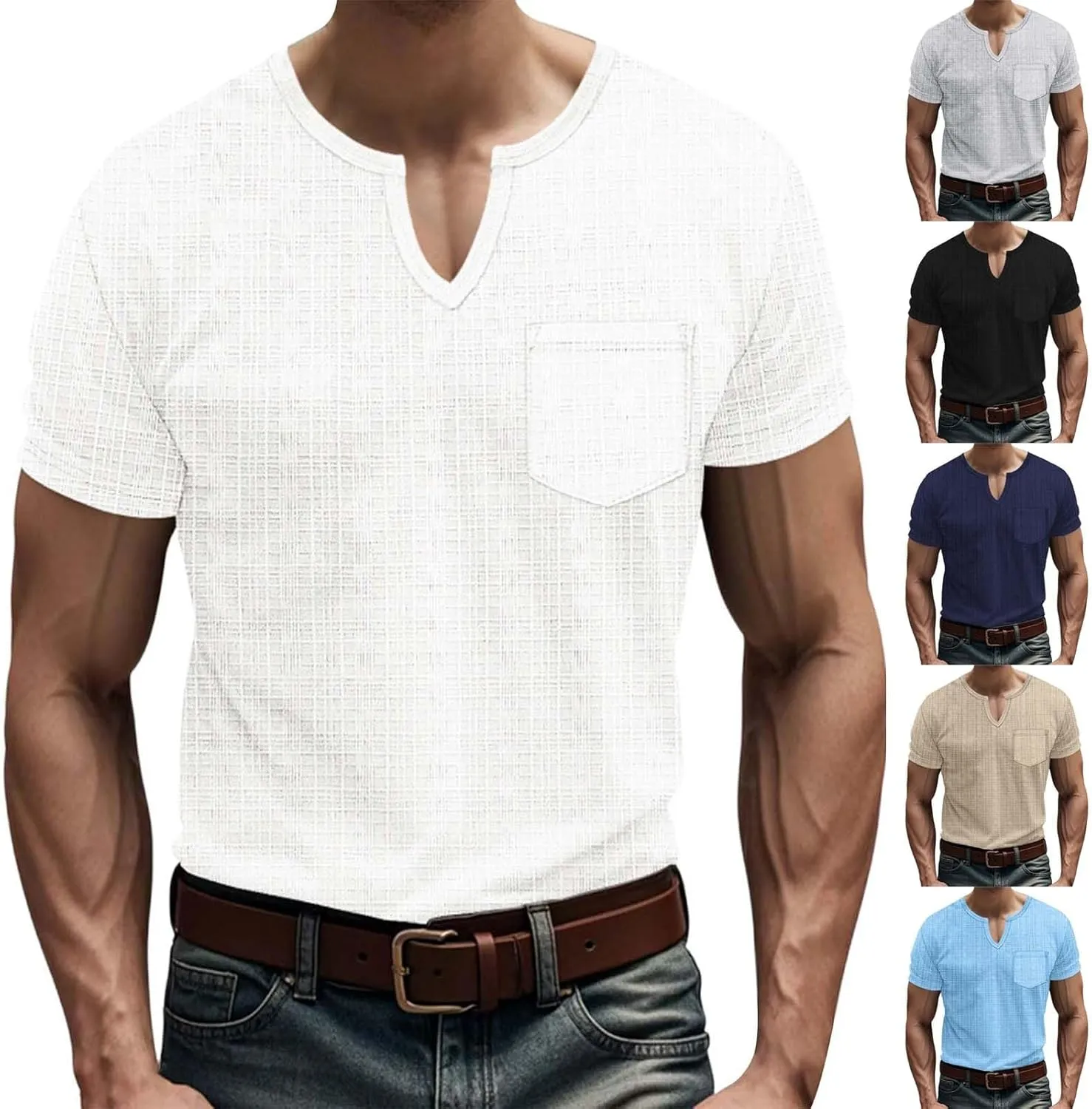 Mens Muscle Slim T Shirt V-Neck Longline Henley Shirt Gym Workout Athletic Tee Shirts Lightweight Stretchy Loose Tops