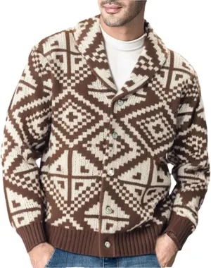 Mens Shawl Collar Cardigan Sweater Vintage Print Knitted Button Down Sweater Fall Winter Outwear