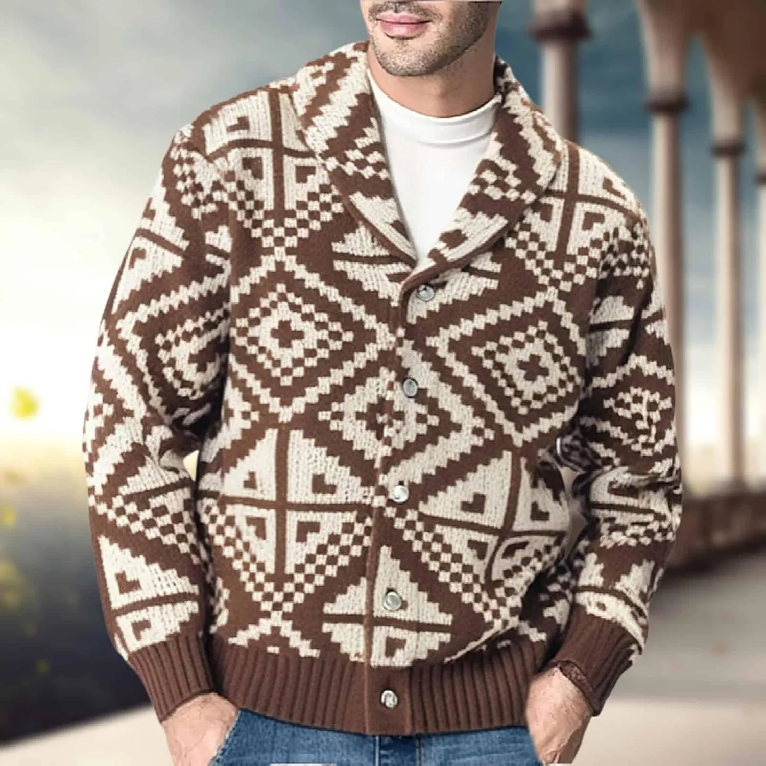 Mens Shawl Collar Cardigan Sweater Vintage Print Knitted Button Down Sweater Fall Winter Outwear
