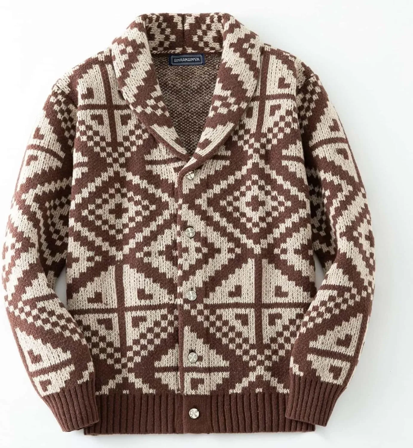 Mens Shawl Collar Cardigan Sweater Vintage Print Knitted Button Down Sweater Fall Winter Outwear