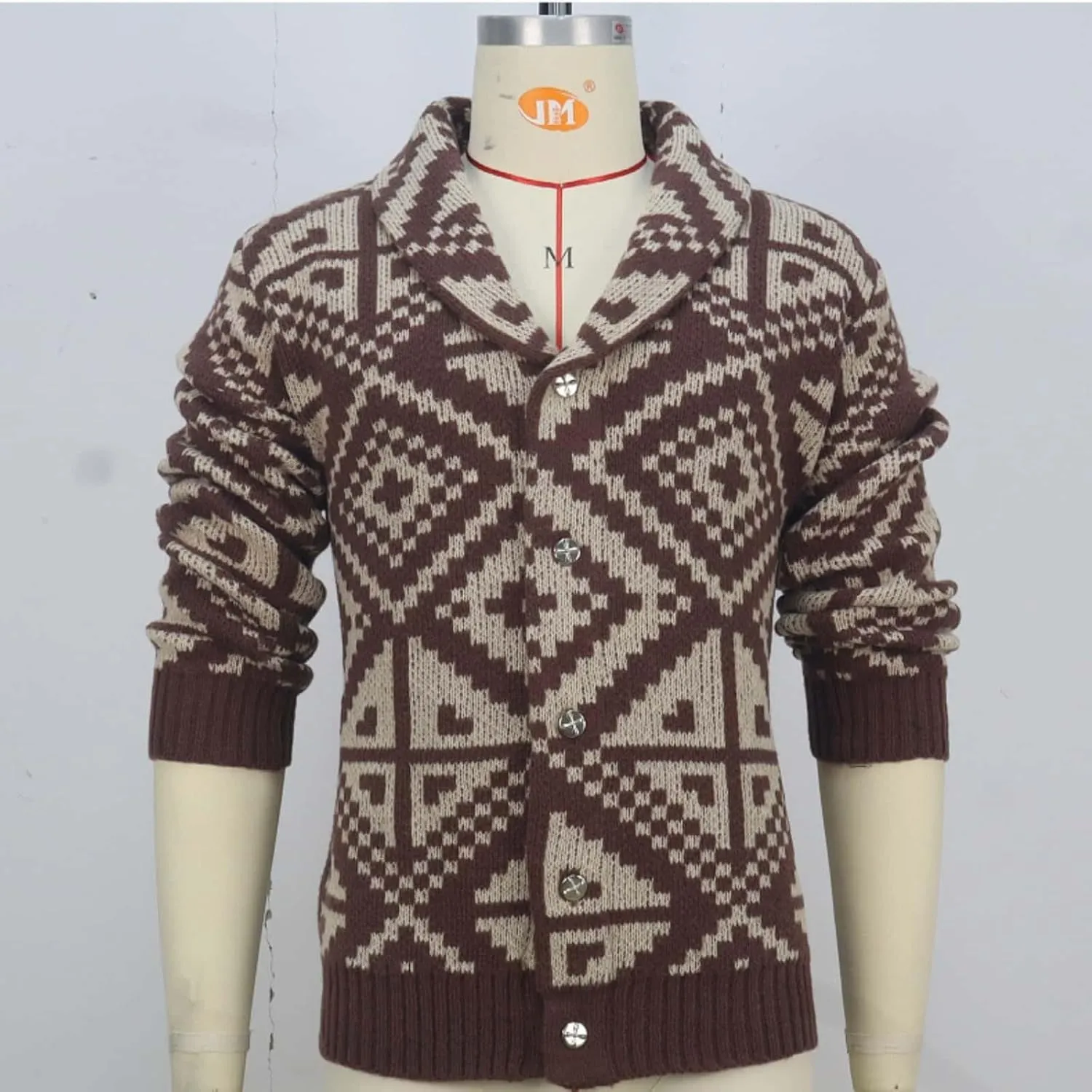Mens Shawl Collar Cardigan Sweater Vintage Print Knitted Button Down Sweater Fall Winter Outwear