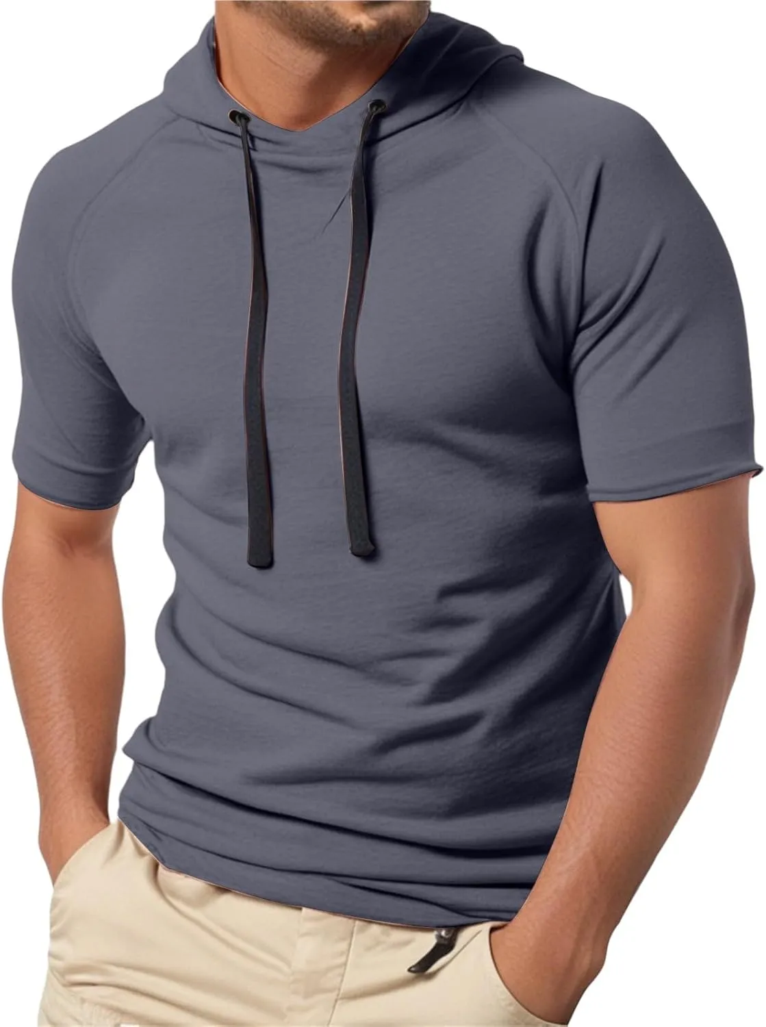Mens Short Sleeve Muscle Hoodies Slim Fit Fitness Gym Workout Athletic Tee Pullover Tops Casual Loose Fashion Shirts