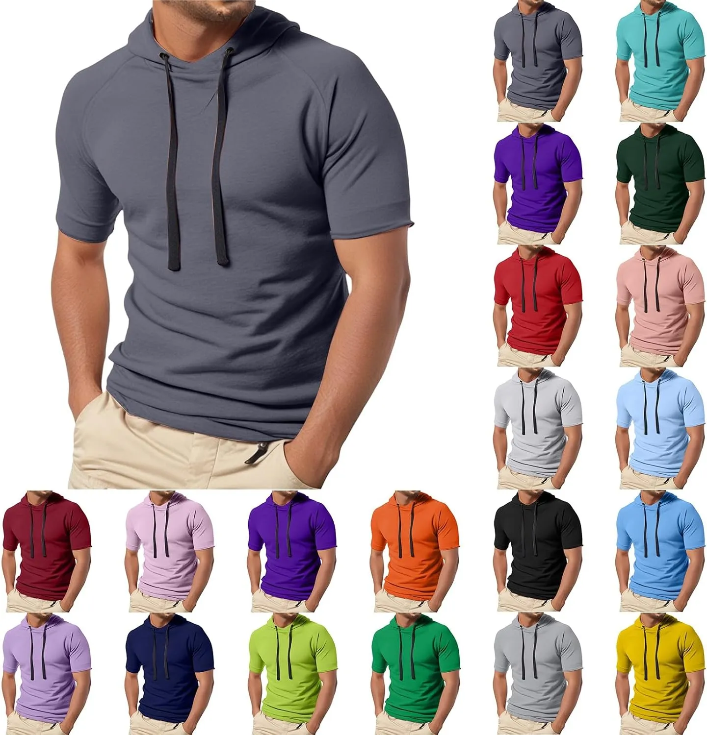 Mens Short Sleeve Muscle Hoodies Slim Fit Fitness Gym Workout Athletic Tee Pullover Tops Casual Loose Fashion Shirts