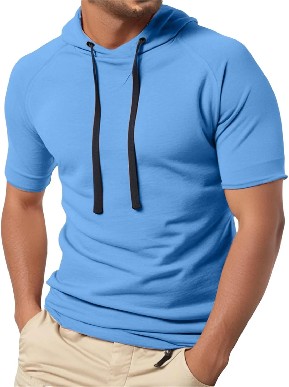 Mens Short Sleeve Muscle Hoodies Slim Fit Fitness Gym Workout Athletic Tee Pullover Tops Casual Loose Fashion Shirts
