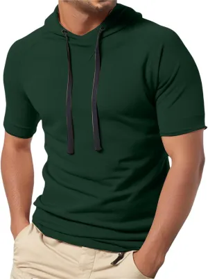 Mens Short Sleeve Muscle Hoodies Slim Fit Fitness Gym Workout Athletic Tee Pullover Tops Casual Loose Fashion Shirts