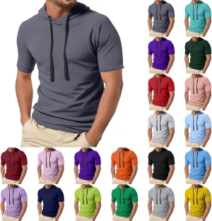 Mens Short Sleeve Muscle Hoodies Slim Fit Fitness Gym Workout Athletic Tee Pullover Tops Casual Loose Fashion Shirts
