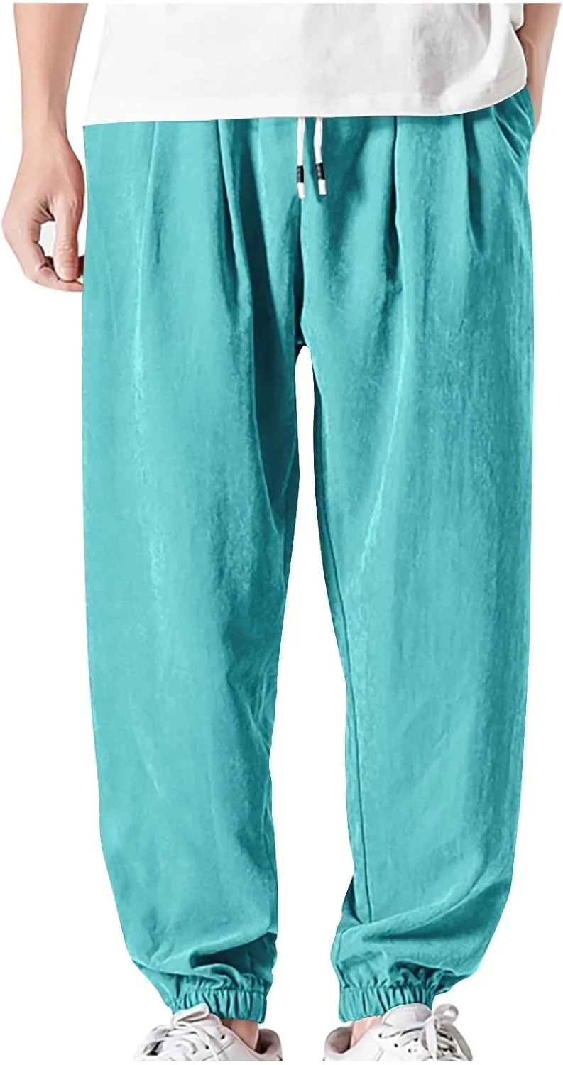 Mens Summer Casual Long Pants Loose Breathable Elastic Waist Strap Work Pants Outdoor Lightweight Sport Trousers