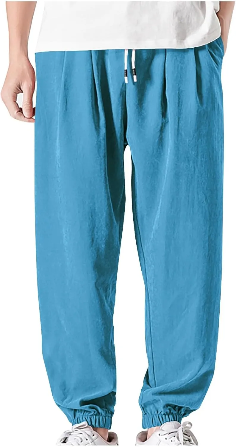 Mens Summer Casual Long Pants Loose Breathable Elastic Waist Strap Work Pants Outdoor Lightweight Sport Trousers