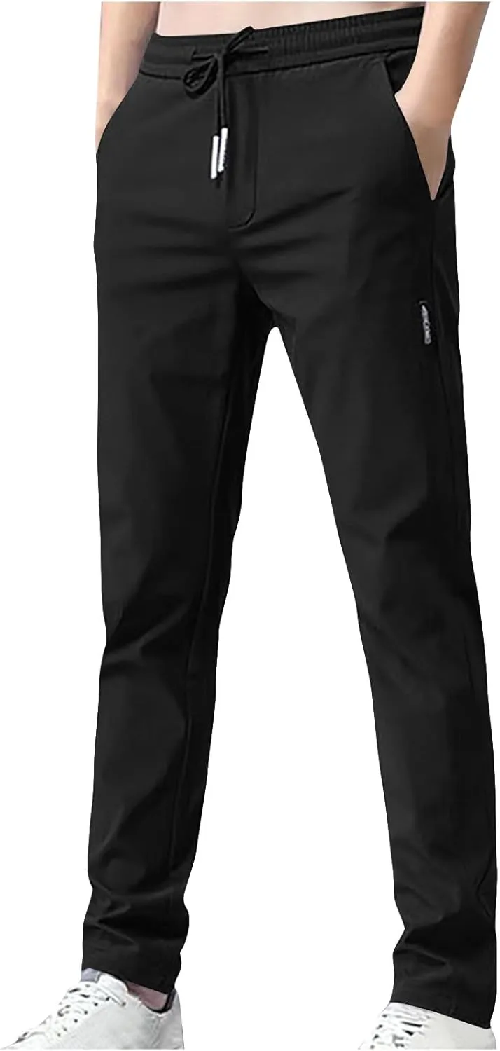 Men's Summer Ice Silk Pants Elastic Waist Solid Color Slim Fit Trousers Drawstrings Breathable Casual Pencil Pants