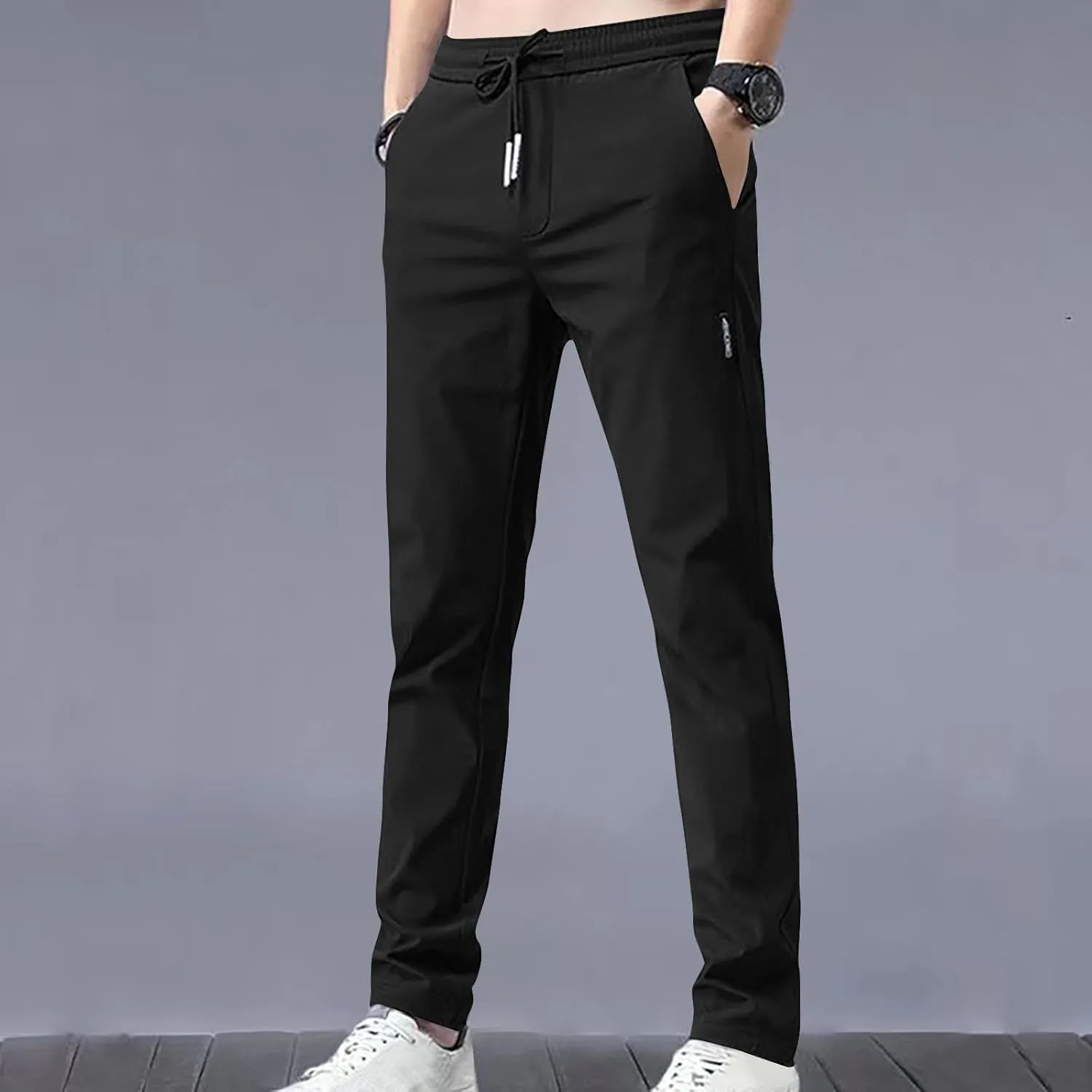 Men's Summer Ice Silk Pants Elastic Waist Solid Color Slim Fit Trousers Drawstrings Breathable Casual Pencil Pants