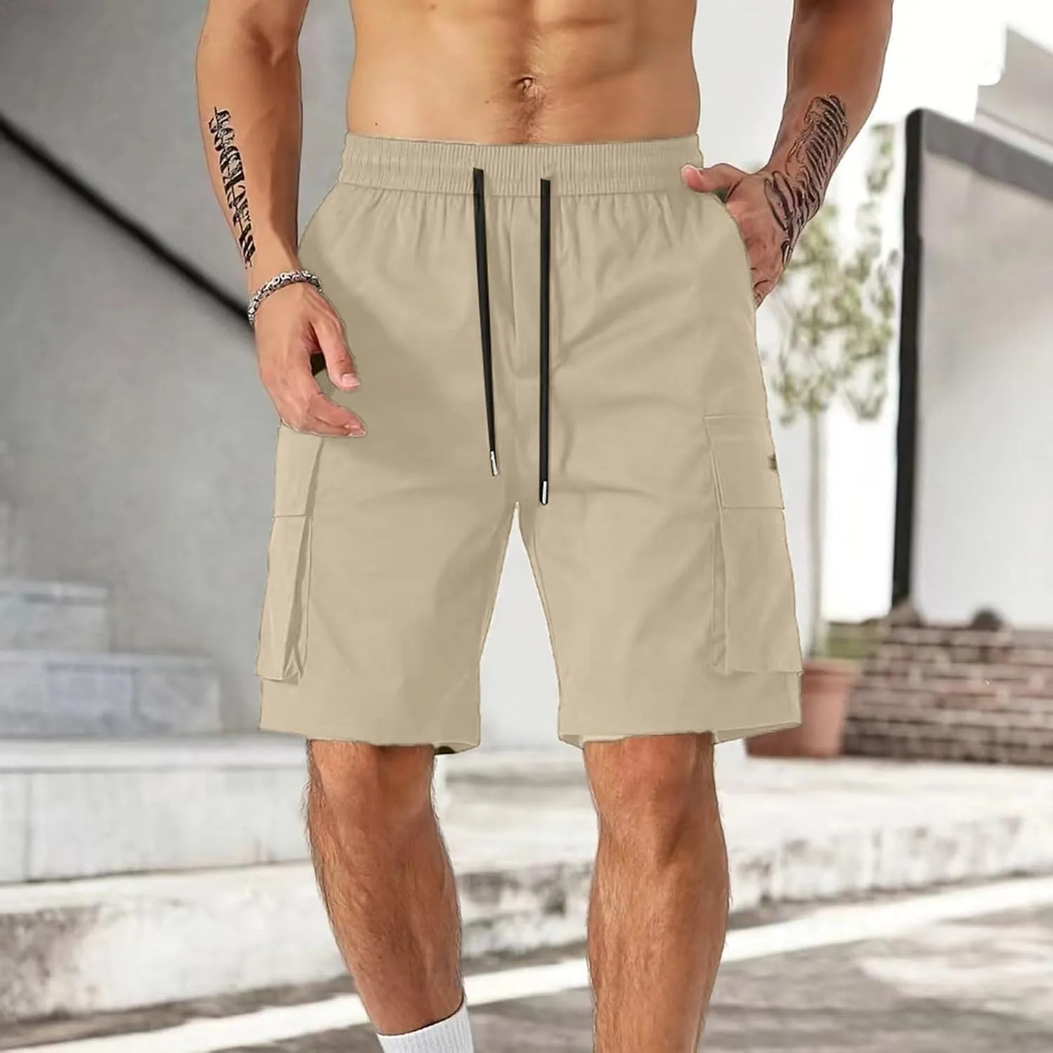 Mens Summer Shorts Relaxed Fit Elastic Waist Cargo Shorts with Multi Pockets Summer Breathable Work Hiking Short