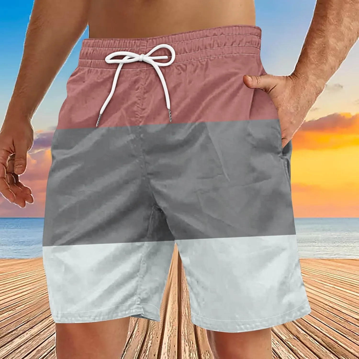 Men's Swim Trunks Casual Color Block Quick-Dry Surf Board Swimwears with Pockets Summer Holiday Hawaiian Beach Shorts