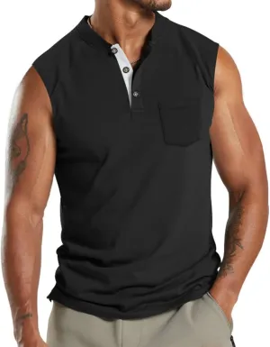 Mens V Neck Sleeveless Tank Tops Stand Collar Button Workout Shirts Lightweight Fashion Breathable Summer T Shirts