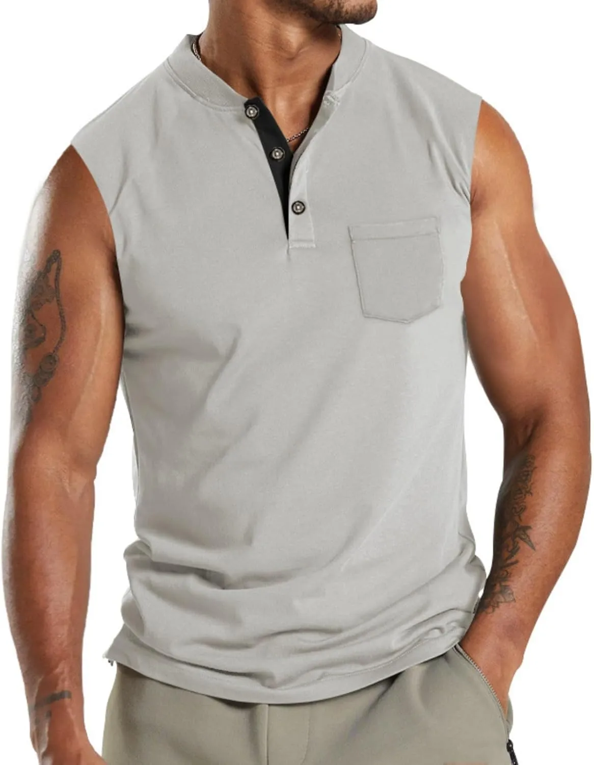 Mens V Neck Sleeveless Tank Tops Stand Collar Button Workout Shirts Lightweight Fashion Breathable Summer T Shirts