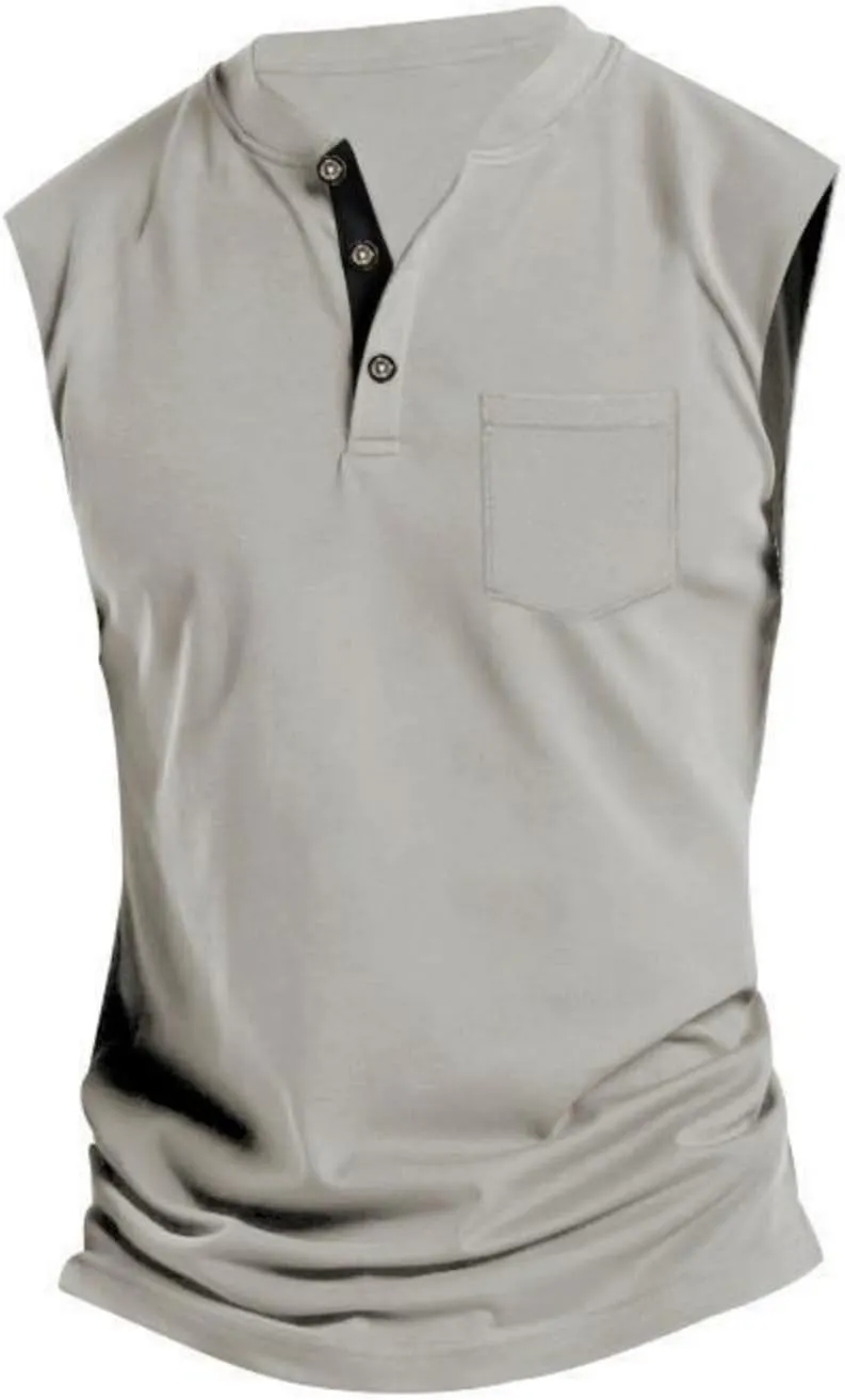 Mens V Neck Sleeveless Tank Tops Stand Collar Button Workout Shirts Lightweight Fashion Breathable Summer T Shirts