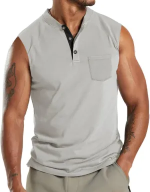 Mens V Neck Sleeveless Tank Tops Stand Collar Button Workout Shirts Lightweight Fashion Breathable Summer T Shirts