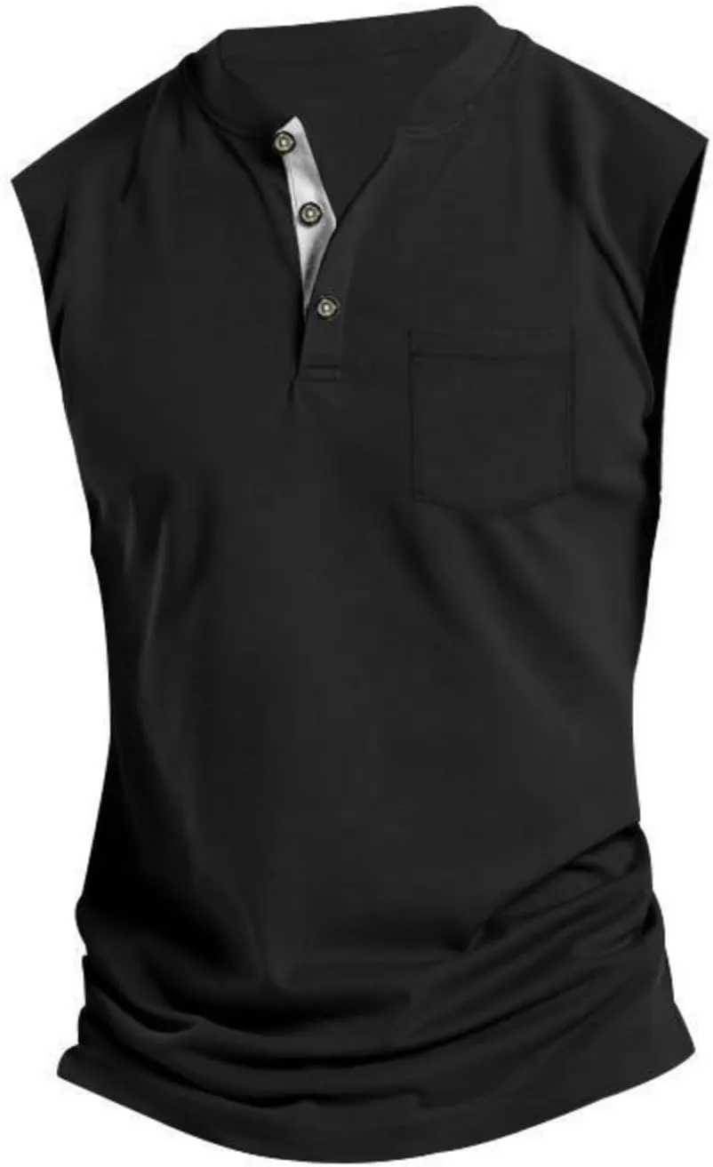 Mens V Neck Sleeveless Tank Tops Stand Collar Button Workout Shirts Lightweight Fashion Breathable Summer T Shirts