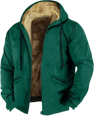 Men's Western Vintage Print Sherpa Fleece Lined Jackets Fall Winter Over Outerwear Quilted Down Varsity Coat Hooded