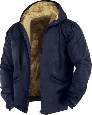 Men's Western Vintage Print Sherpa Fleece Lined Jackets Fall Winter Over Outerwear Quilted Down Varsity Coat Hooded
