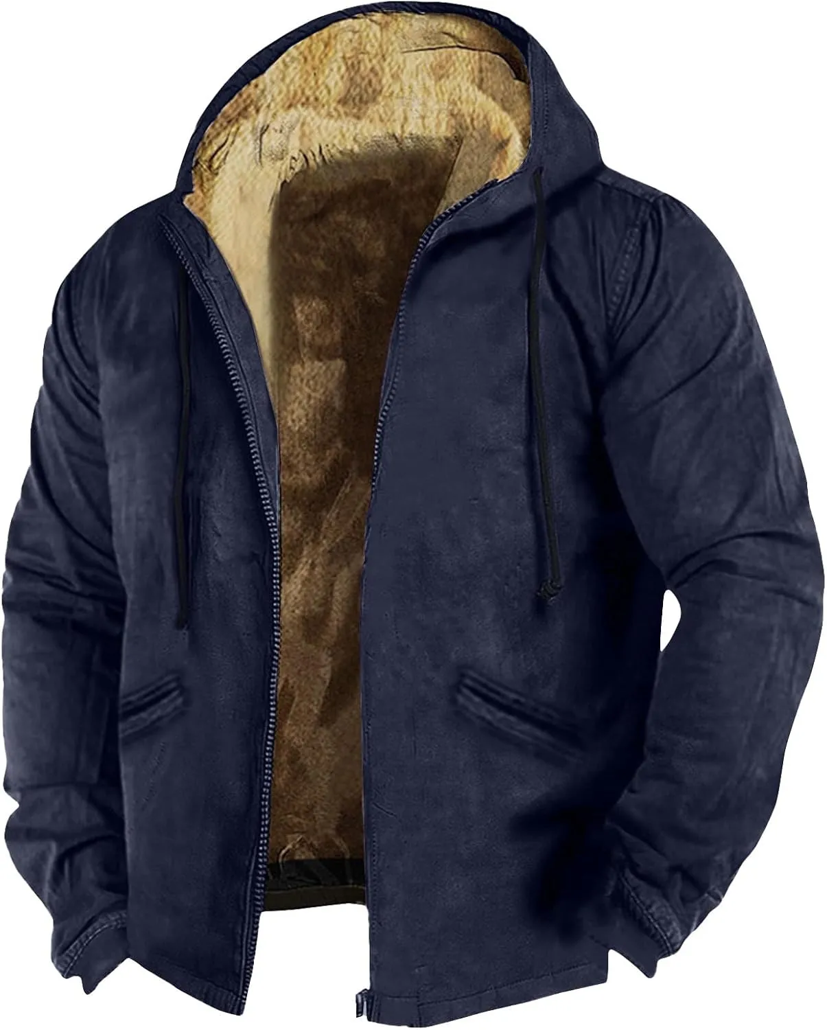 Men's Western Vintage Print Sherpa Fleece Lined Jackets Fall Winter Over Outerwear Quilted Down Varsity Coat Hooded