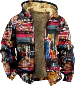 Men's Western Vintage Print Sherpa Fleece Lined Jackets Faux Cozy Outerwear Quilted Down Varsity Coat Plus Size