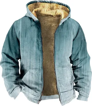 Men's Western Vintage Print Sherpa Fleece Lined Jackets Faux Cozy Outerwear Quilted Down Varsity Coat Plus Size